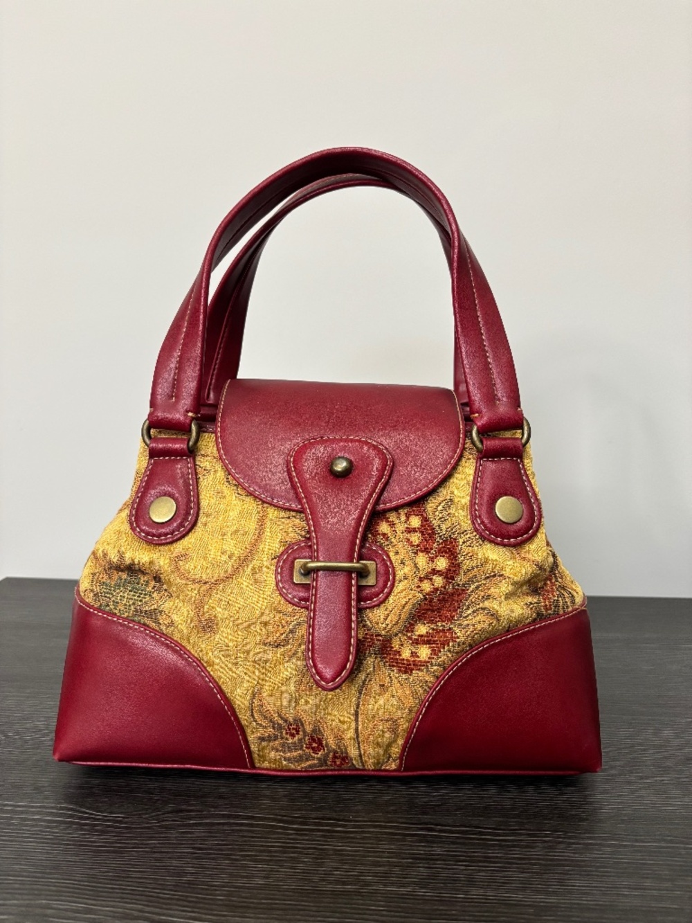 MAXX New York Floral Tapestry Satchel Handbag Red Faux Leather Purse